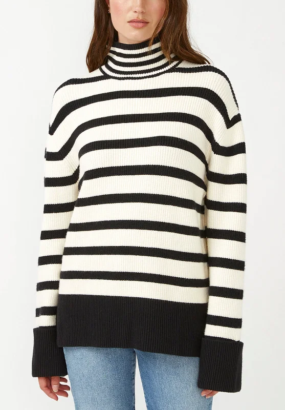 Drew Women's Funnel Neck Sweater in Black & White Stripe - SW0020F Casual Graphic Hoodies