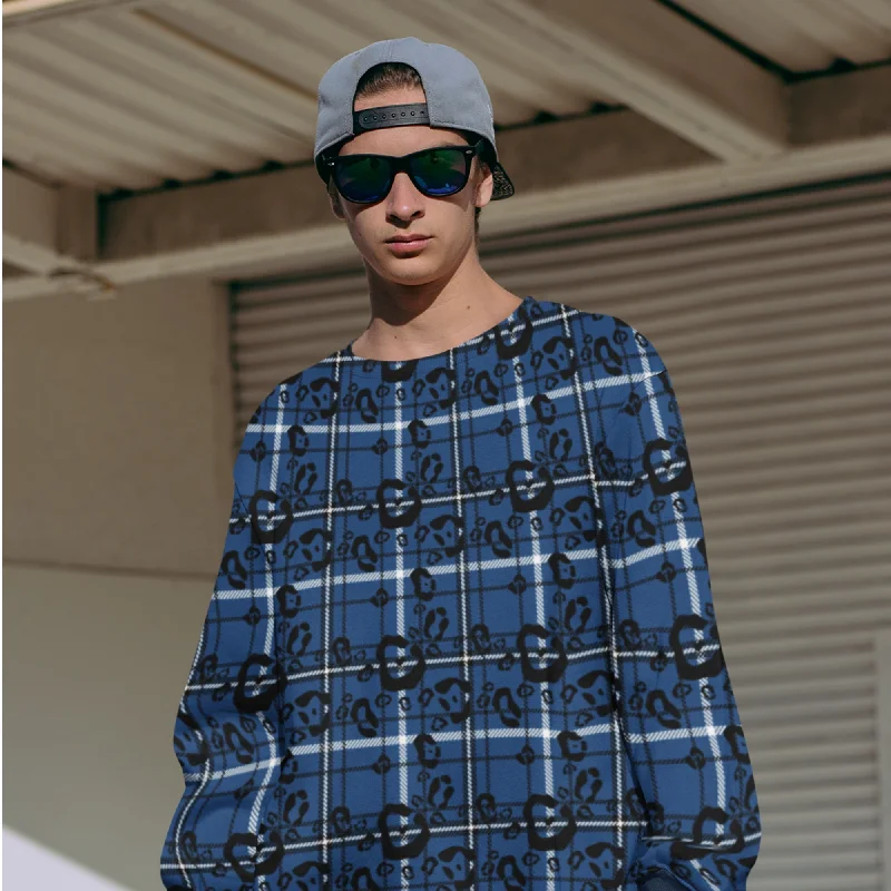 65 MCMLXV Unisex Blue Plaid & Leopard Print Fleece Sweatshirt Hoodie Sweatshirt for Fall