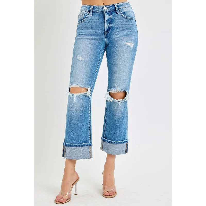 Tummy Control Mid Rise Crop Straight Cuffed Jeans