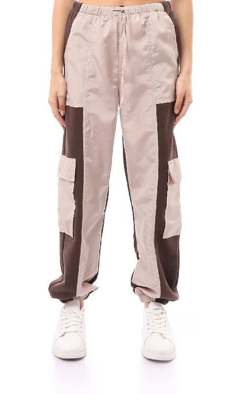 O172868 Bi-Tone Beige & Brown Slip On Cargo Pants