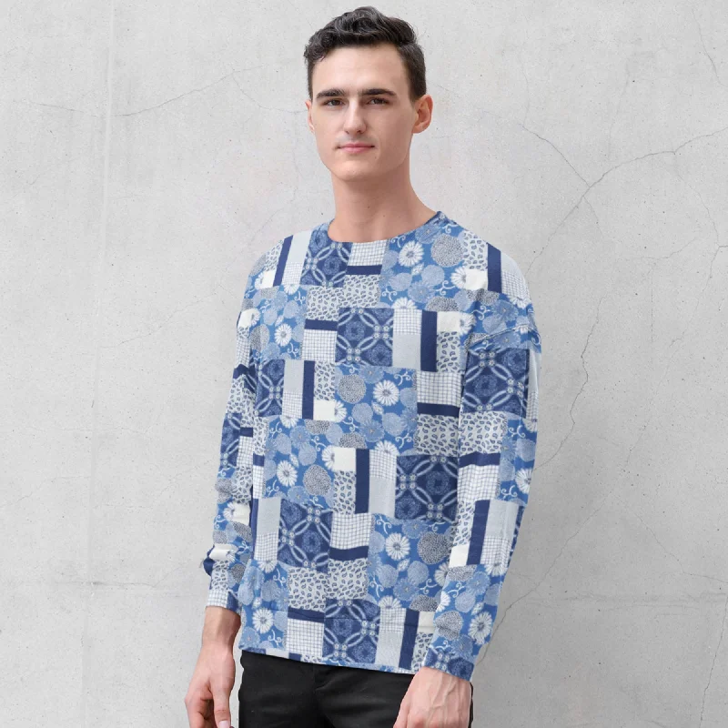 65 MCMLXV Unisex Indigo Patchwork Print Fleece Sweatshirt Long Hoodie Sweatshirt