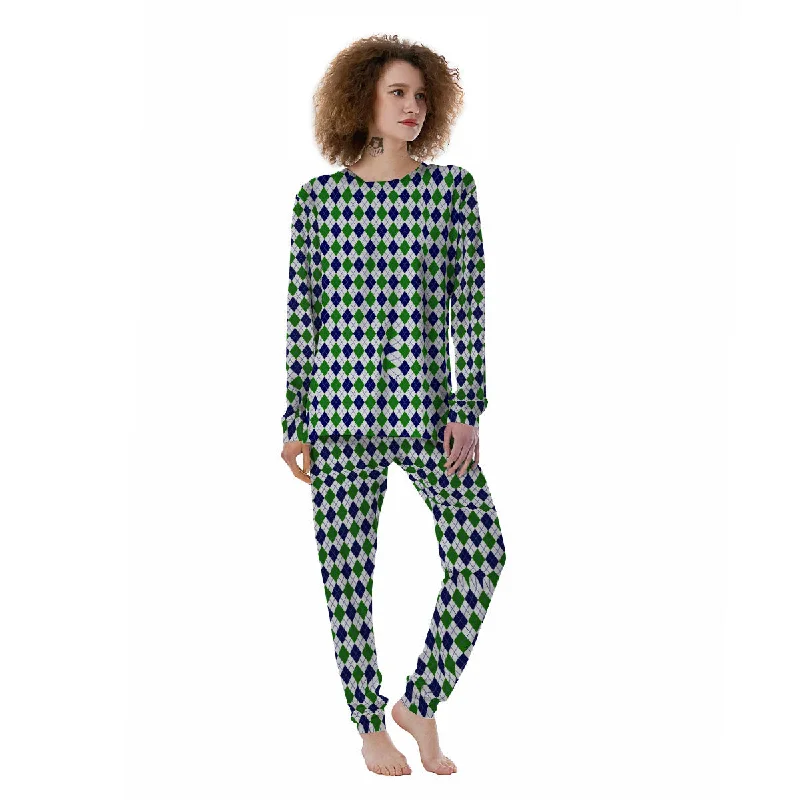 Green And White Navy Argyle Print Women's Pajamas Movie night pajama sets