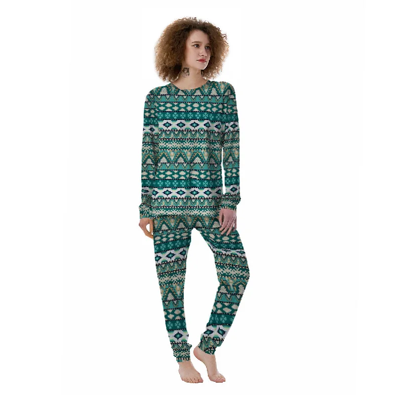 Green Indian Tribal Native Print Pattern Women's Pajamas Postpartum pajama sets