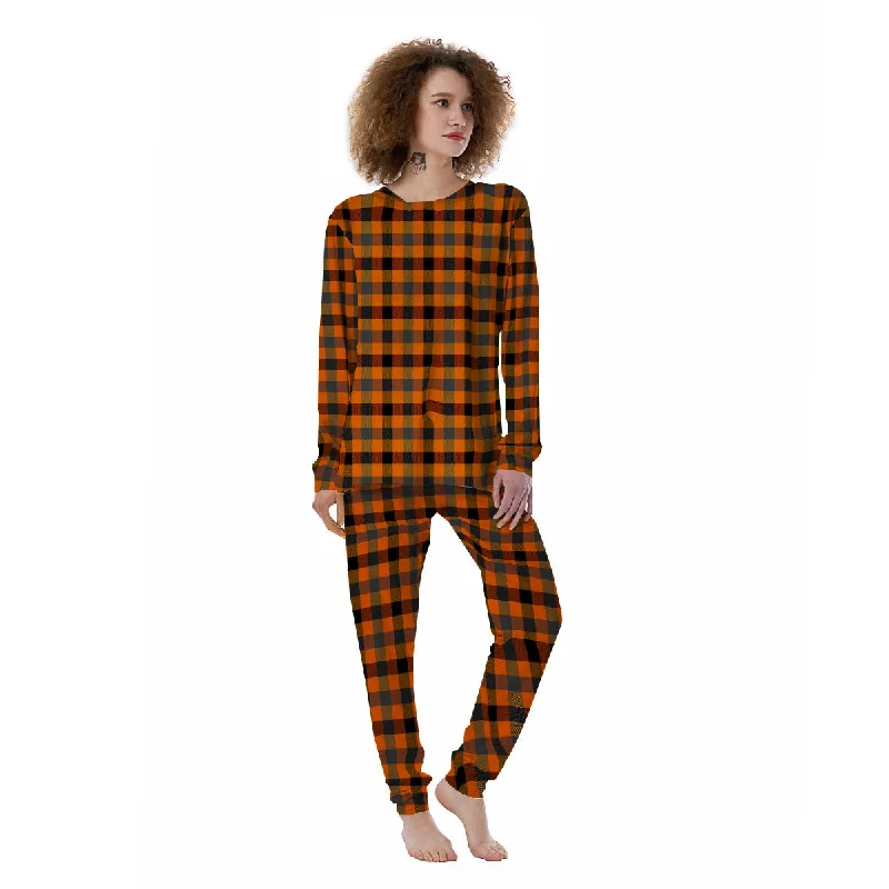 Grey Orange And White Tartan Print Pattern Women's Pajamas Jogger pajama sets