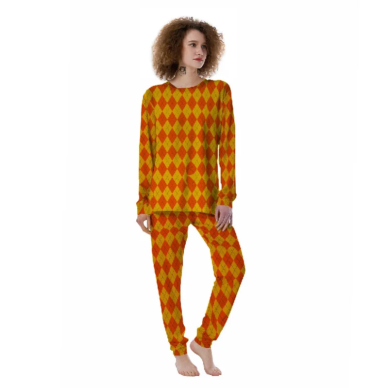 Halloween Argyle Orange Print Pattern Women's Pajamas Elegant pajama sets