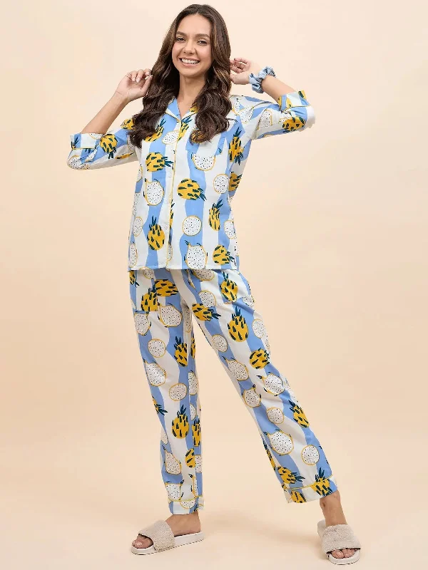 Shirt Pyjama Set in Blue and Yellow DragonFruit Print Linen pajama sets