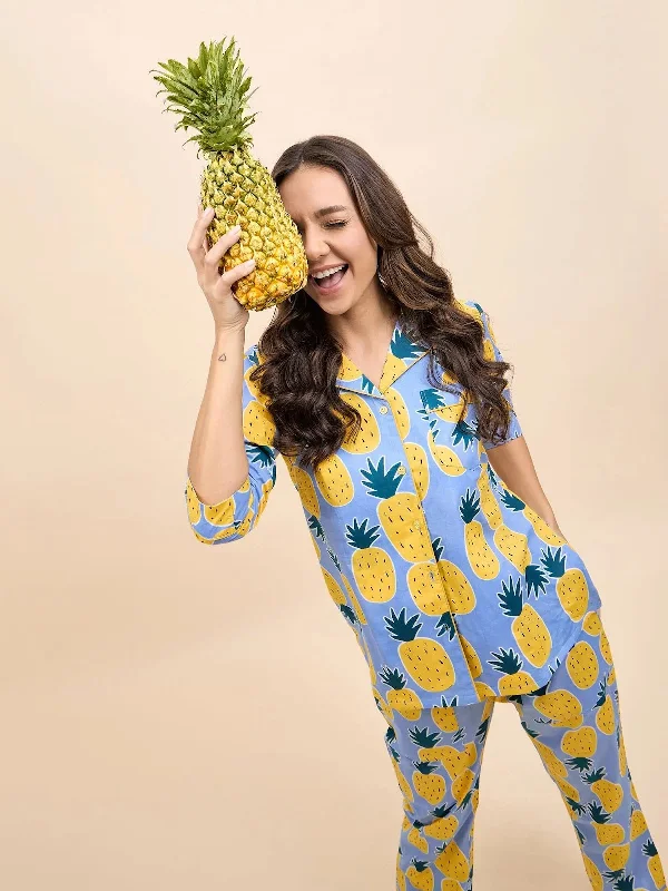 Shirt Pyjama Set in Blue and Yellow Pineapple Print Spring pajama sets