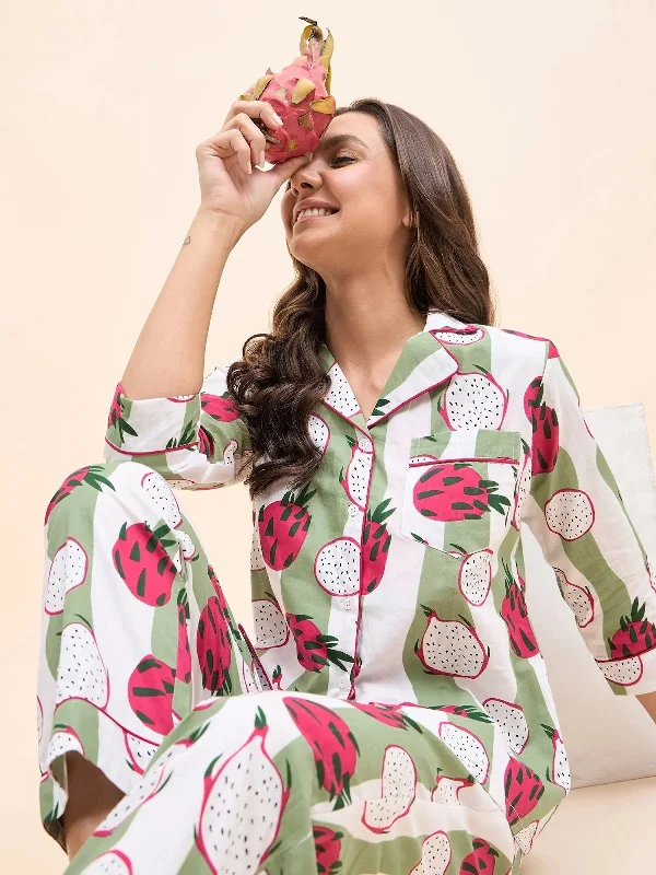 Shirt Pyjama Set in Green and Pink DragonFruit Print Cartoon pajama sets