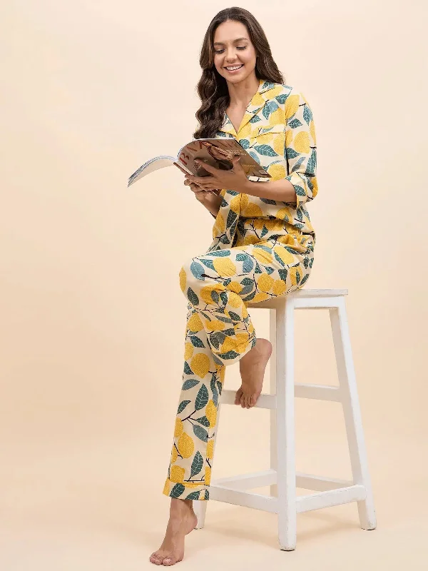 Shirt Pyjama Set in Yellow Lemon Print Velvet pajama sets