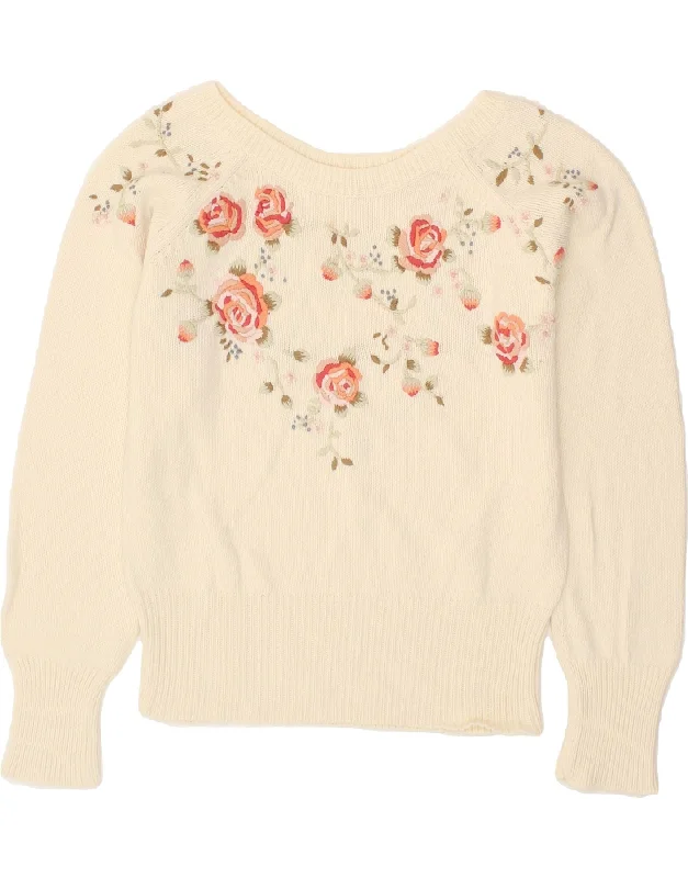 JACKPOT Womens Boat Neck Jumper Sweater US 3 Small Off White Floral Weekend sweaters