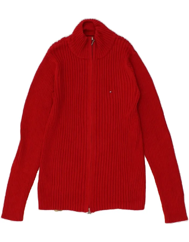 TOMMY HILFIGER Womens Cardigan Sweater UK 12 Medium Red Cotton V-neck sweaters