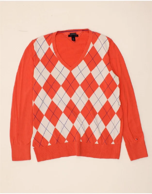 TOMMY HILFIGER Womens V-Neck Jumper Sweater UK 18 XL Orange Argyle/Diamond Fleece sweaters