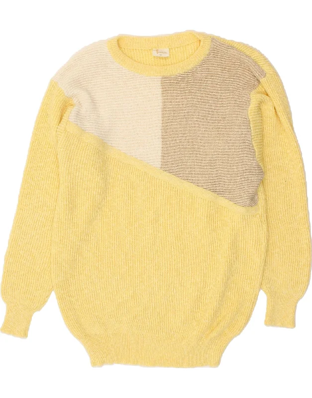 VINTAGE Womens Boat Neck Jumper Sweater UK 16 Large Yellow Colourblock Date night sweaters