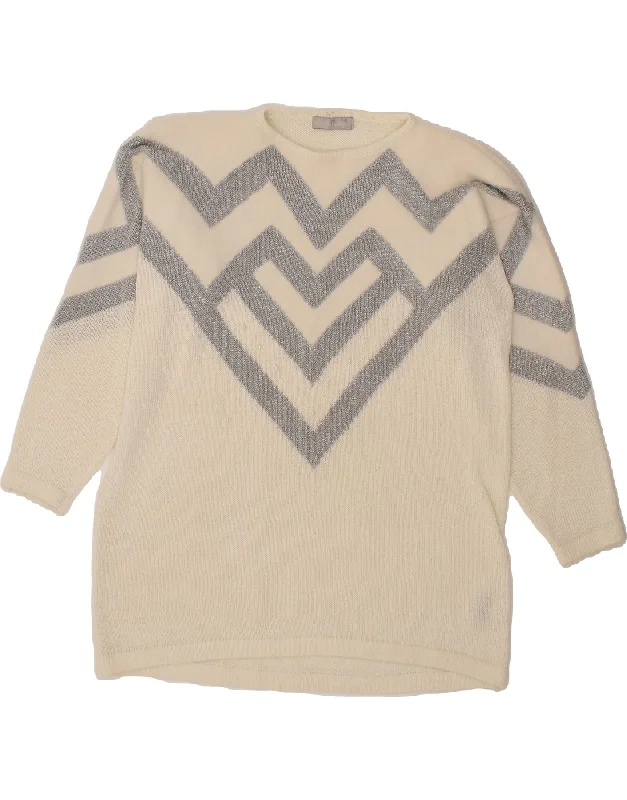 VINTAGE Womens Crew Neck Jumper Sweater UK 16 Large Off White Geometric Boho-style sweaters