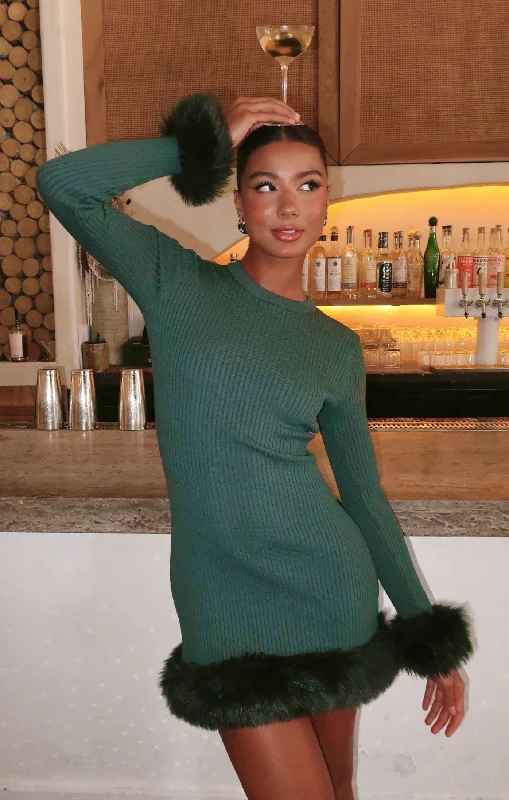 Fran Mini Dress ~ Emerald Knit with Faux Fur Leather mini dresses