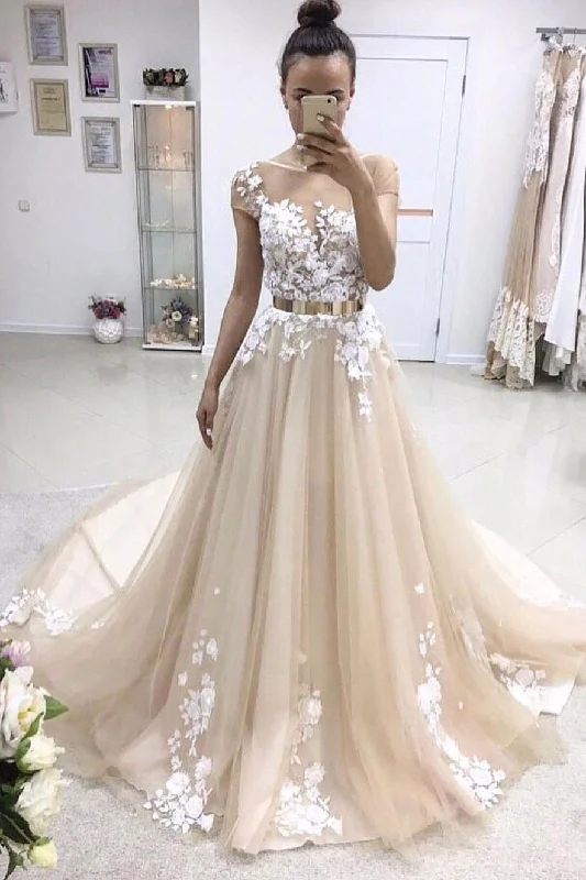 A-line Bateau Lace Appliqued Gold Sash Short Sleeves Wedding Dress Prom Dress N563 Silk Wedding Gown