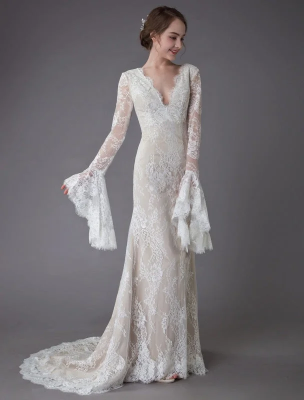 Champagne Wedding Dresses Lace V Neck Long Sleeve Sheath Boho Bridal Dress With Train Exclusive Wedding Dress Set