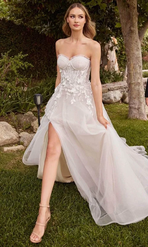 Cinderella Divine CD859W - Tulle A-line Strapless Wedding Gown Floral Bridal Gown