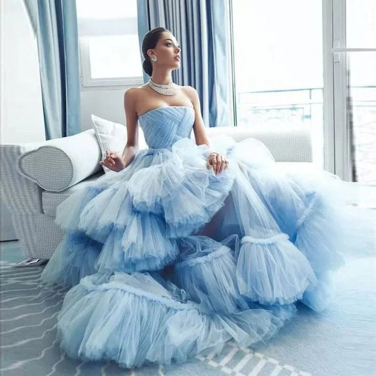 G3012, Cyan Blue Frilled Prewedding Shoot Gown (All Sizes)pp Lace Train Dress