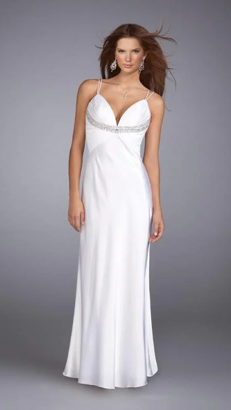 La Femme - 13308 Sensational Bejeweled V-Neck Sheath Dress Ruffle Wedding Gown