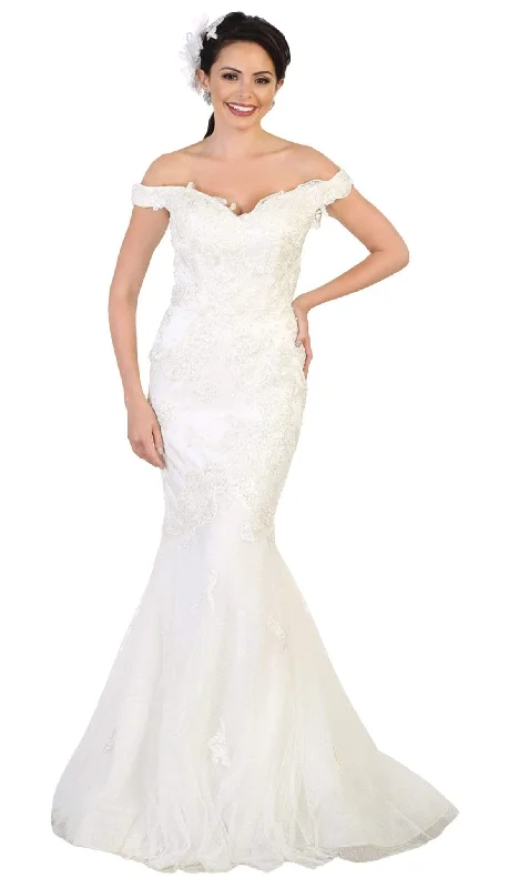 May Queen Bridal - Off Shoulder Floral Lace Mermaid Bridal Dress RQ7492 - 1 pc Ivory In Size 12 Available Modern Lace Gown