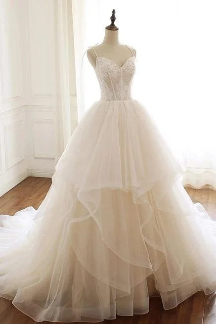 Modest Spaghetti Straps Long Ball Gown Lace Up Wedding Dress Y0064 Illusion Neckline Gown