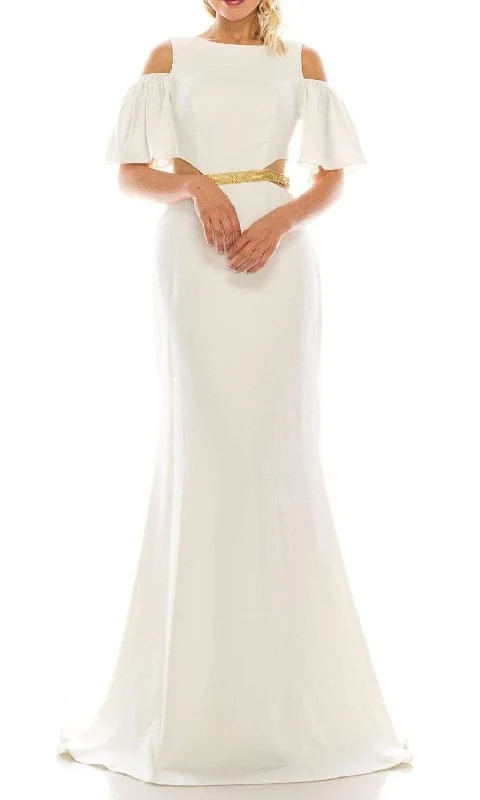 New Yorker's Apparel - 4516 Beaded Sheer Waist Cutout Cold Shoulder Evening Dress Boho Chic Gown