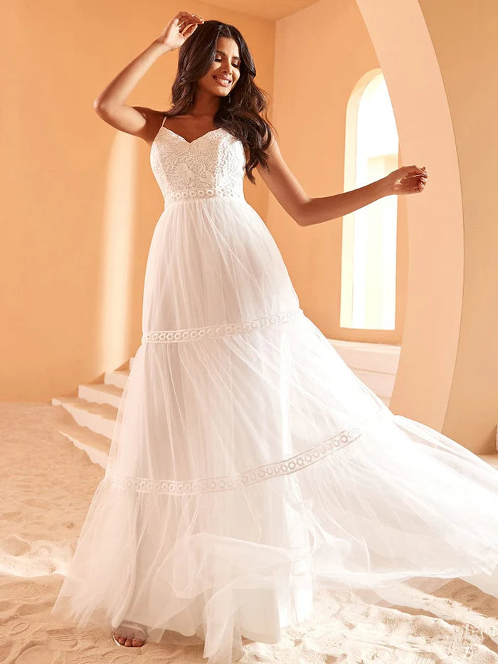 Spaghetti Strap Lace Embroidery A-Line Tulle Romantic Wedding Dress A-line Wedding Gown