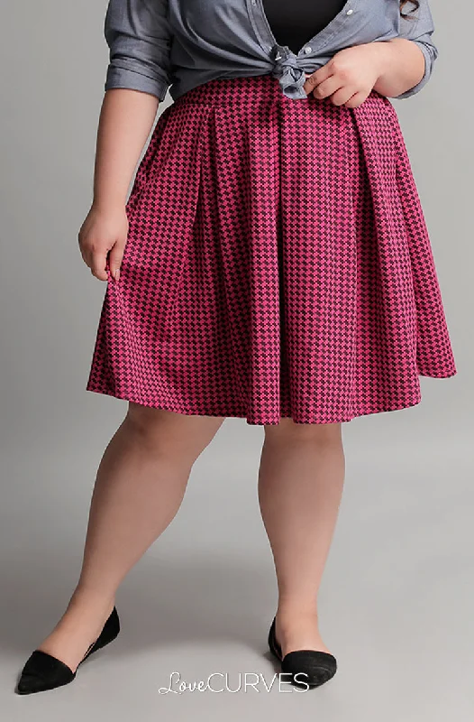 Pleated Skirt with Side Pockets and Belt - Pink Houndstooth - GRA Soft fabric unclassified skirts