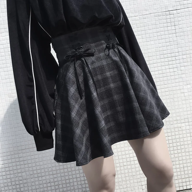 ULZZANG RETRO GRAY GRID SKIRT BY61036 Bold pattern unclassified skirts