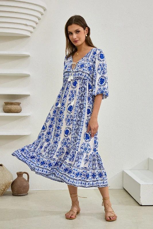 Amara Blue Boho Midi Dress Satin midi dresses