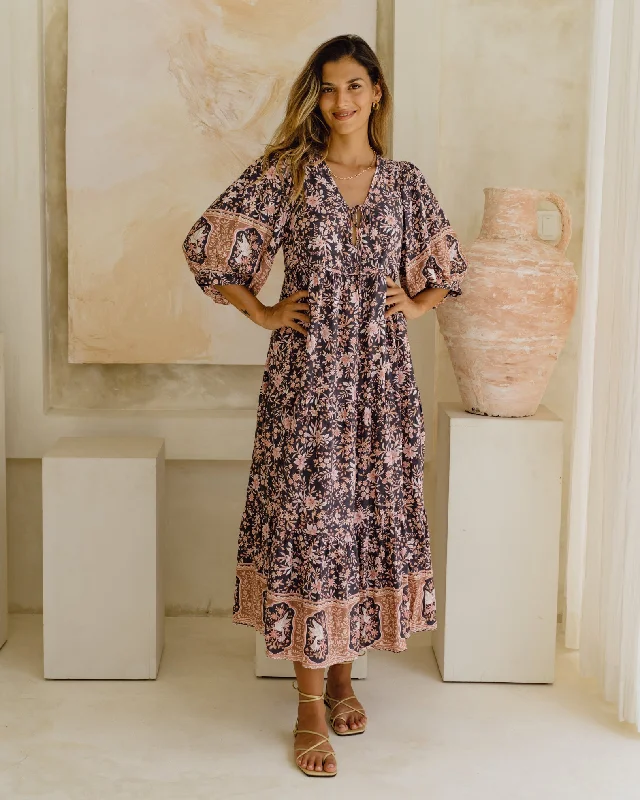 Araminta Purple Floral Boho Midi Dress Must-have midi dresses for this season