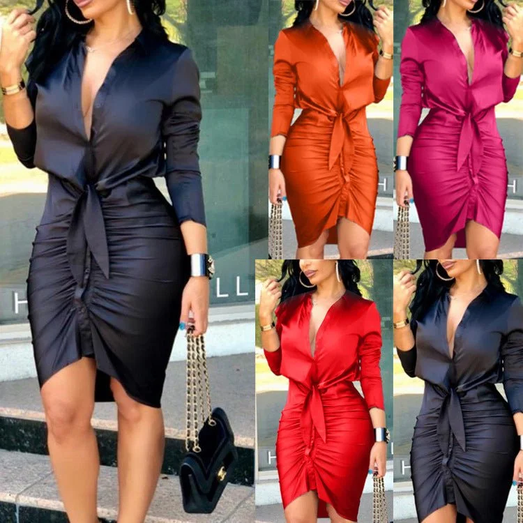 Women Lace-up Solid Color Long Sleeve Midi Dress Shirt Dress Elegant Fashion Party Dress Sexy midi dresses