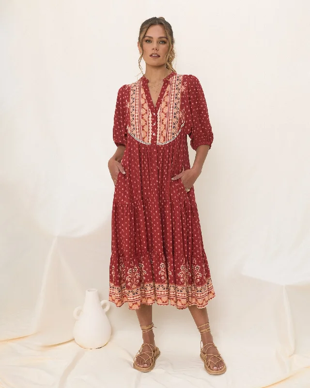 Ember Red Boho Midi Dress Women's midi dresses