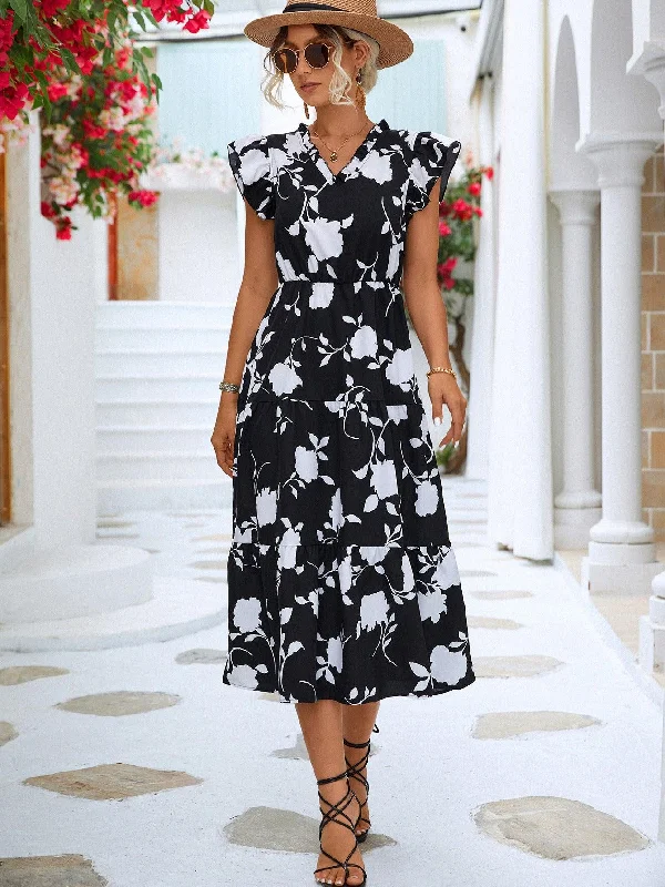 Floral V-Neck Midi Dress in 2 Colors Lightweight midi dresses for hot weather