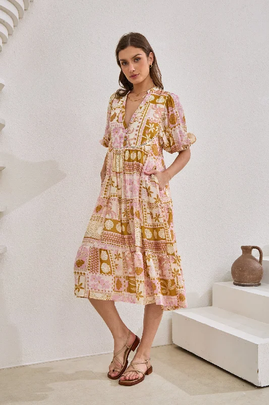 Helia Pink Abstract Shells Midi Dress Cotton midi dresses