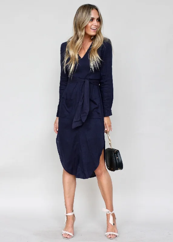 Meant For You Linen Midi Dress w/ Tie - Navy Fashion Nova midi dresses