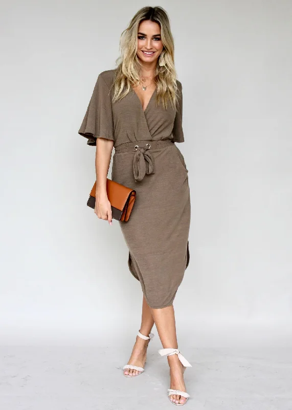 Run & Tell Midi Dress - Khaki Formal midi dresses