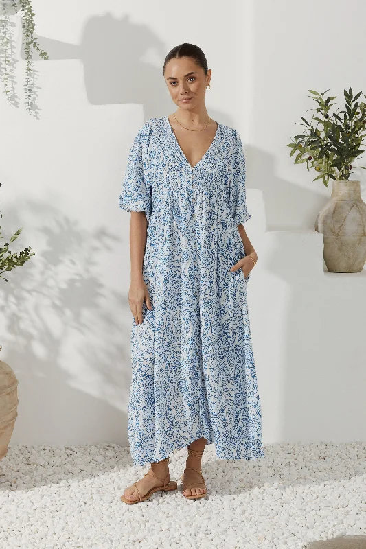 Skyra Blue Boho Button Down Midi Dress Lace midi dresses