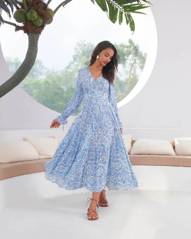 Skyra Blue Boho Long Sleeve Midi Dress Flattering midi dresses for all body types