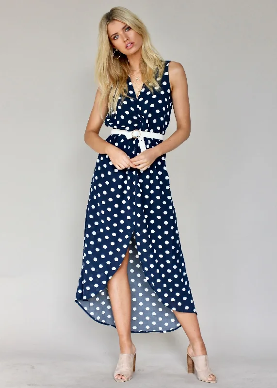 Toscana Midi Dress - Navy Polka Comfortable midi dresses for everyday wear