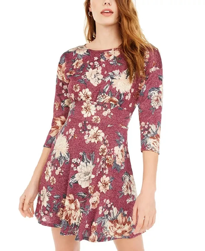 Be Bop Women's Purple Floral Long Sleeve Crew Neck Short Fit + Flare Dress Purple Size Medium Best floral dresses for beach vacations