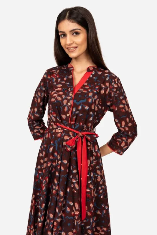 Chocolate brown ajrakh printed dress Must-have floral dresses for this season