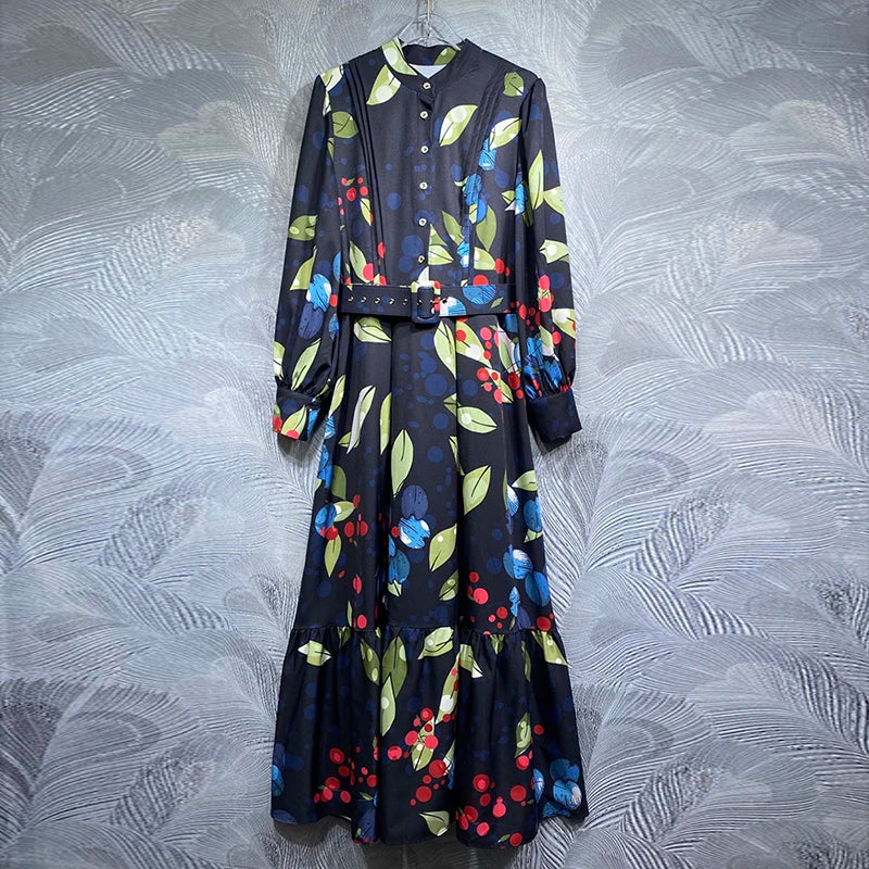 Belt Single Breasted Leaves Print Vintage Dresses Best floral dresses for work