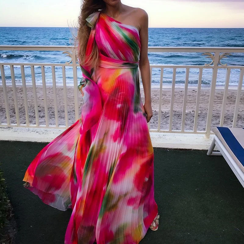 European And American Summer New Fashion Single Room Rainbow Printing Pleat And Waisted Dress Boohoo floral dresses