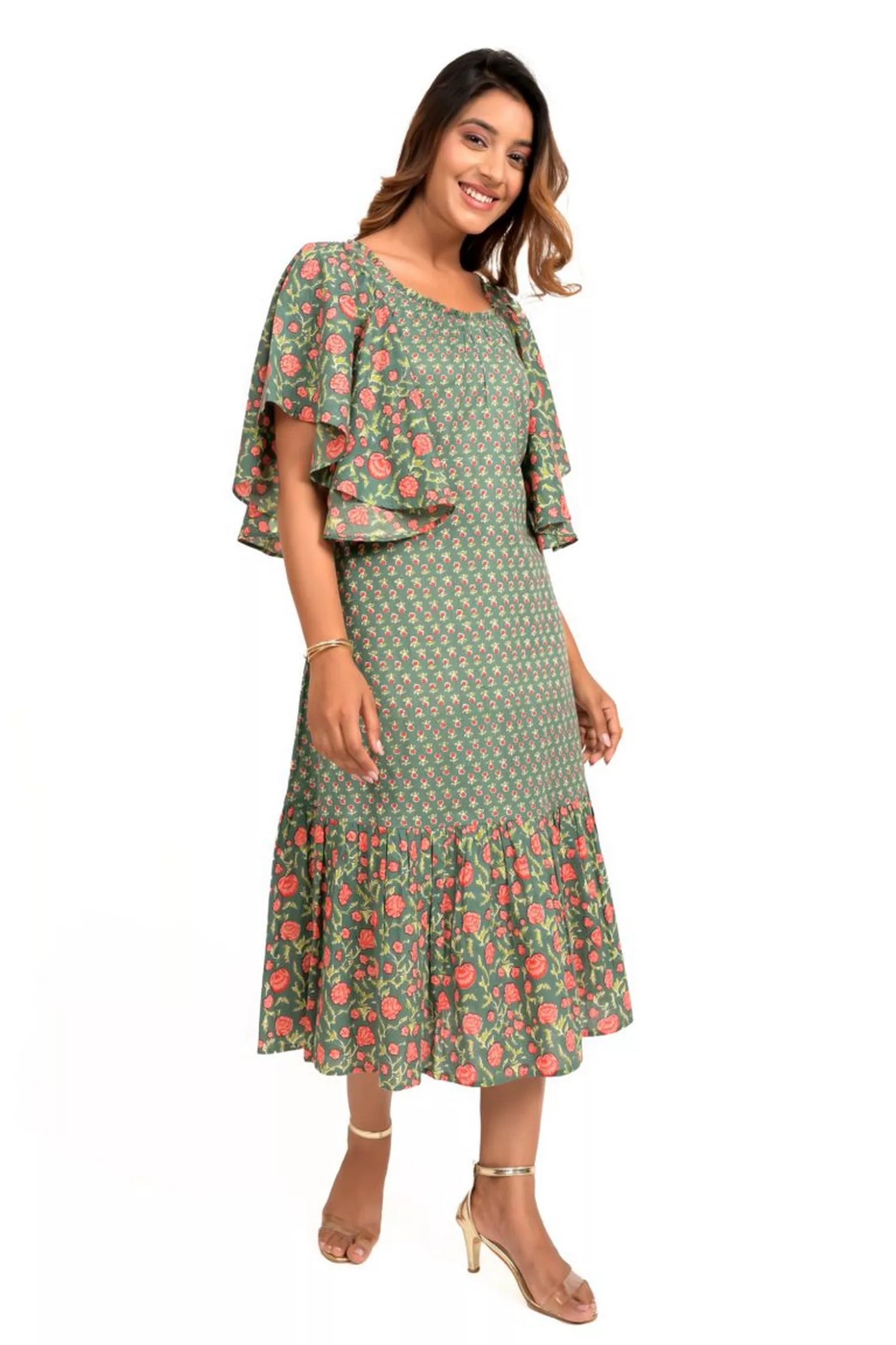 Green and Peach Printed Frill Dress Office floral dresses