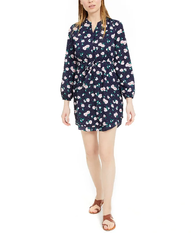 Maison Jules Women's Printed Double-Hem Split-Neck Dress Navy Size Small Long floral dresses