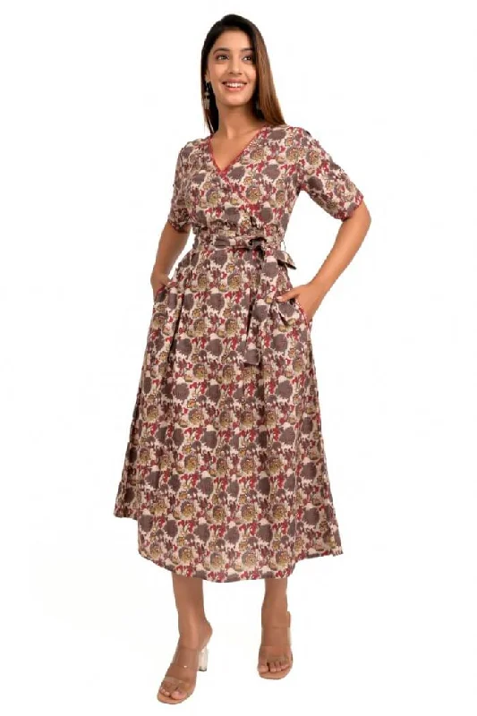 Maroon And Brown Ajrakh Printed Cotton Dress Affordable floral dresses