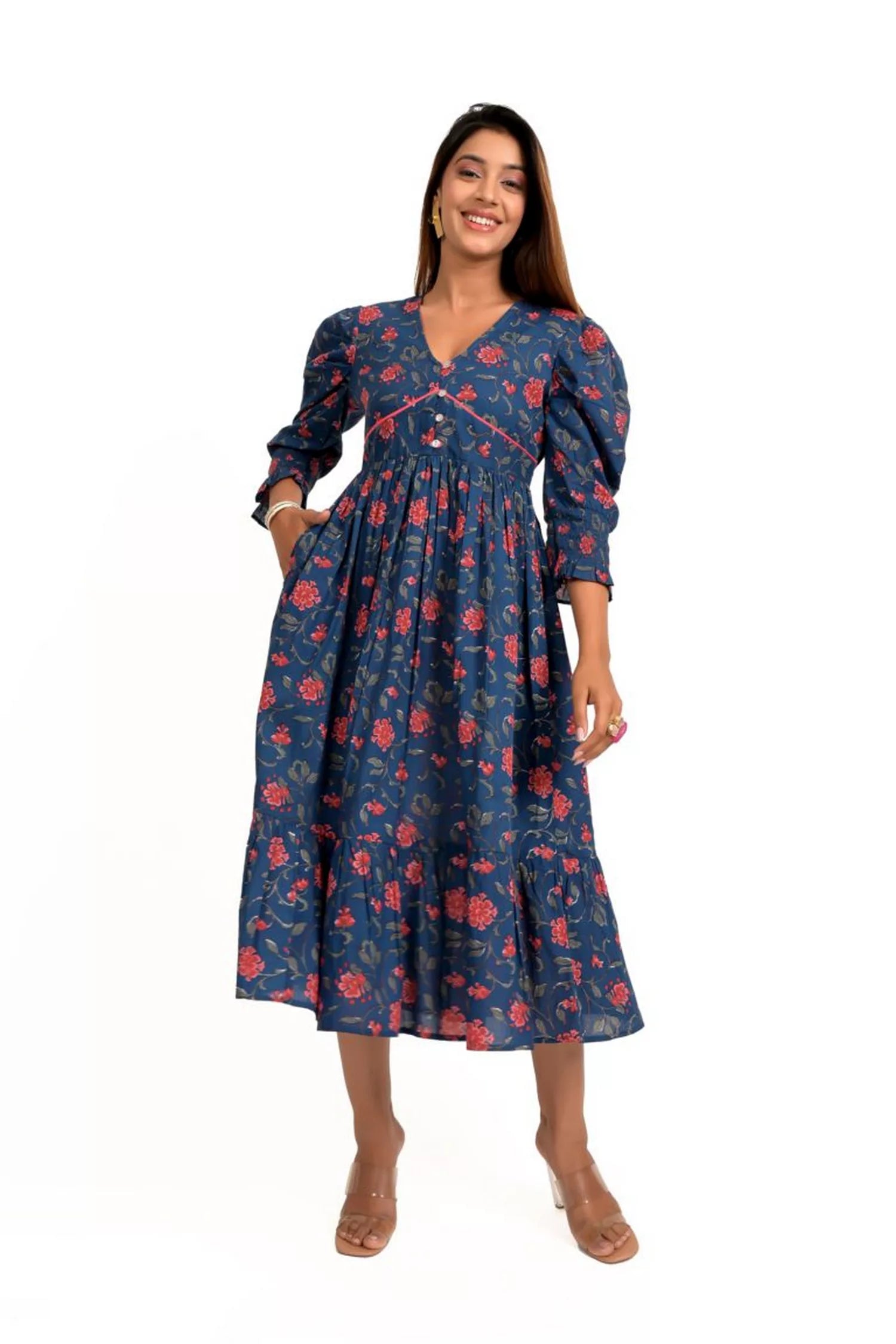 Navy Floral Printed Cotton Calf Length Dress Halter floral dresses