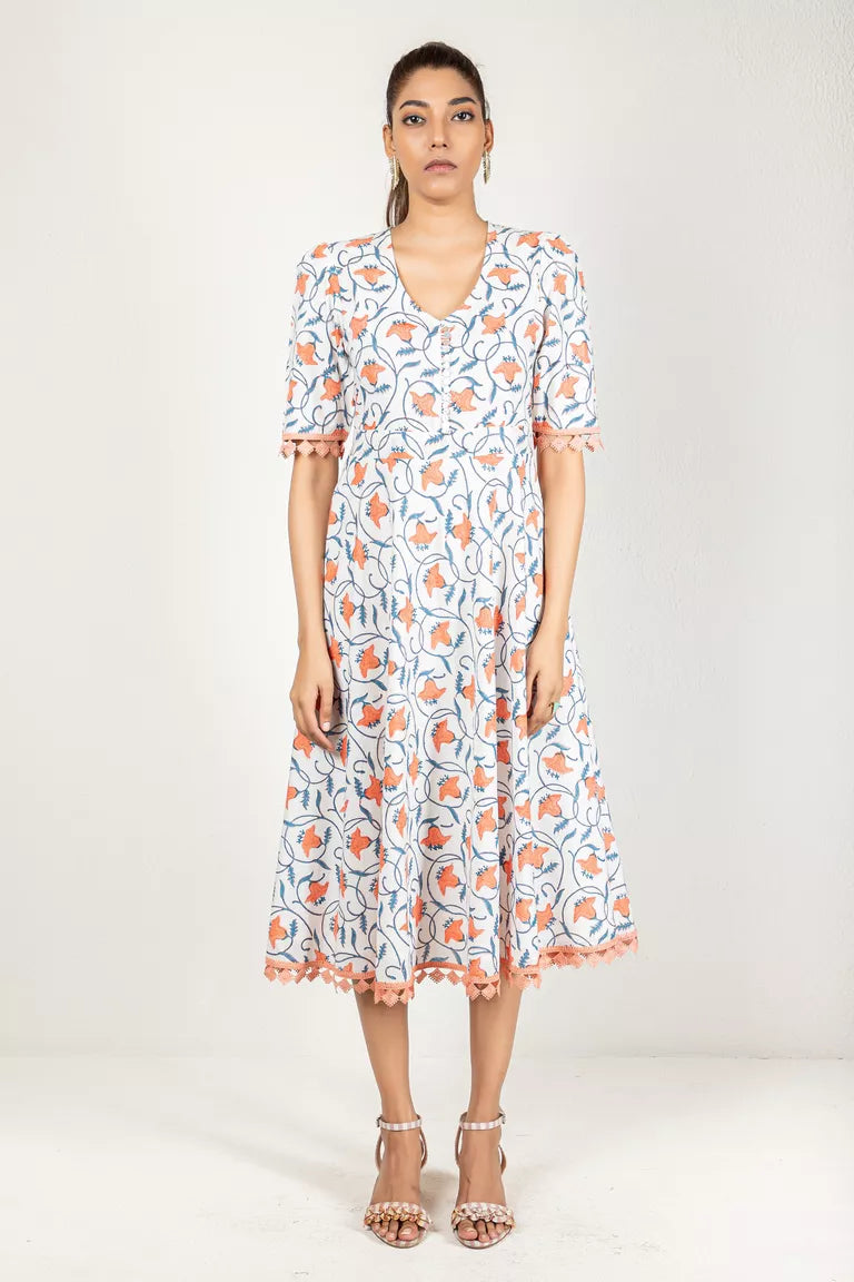 Off-White With Blue & Peach Hand Block Printed Dress Ruffled floral dresses